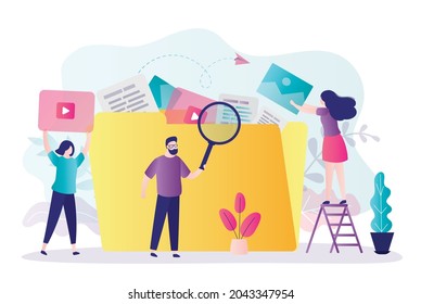 Team of workers dismantles large folder with different files. Users organize and sort files. File management concept. Man with magnifying glass looking for documents in mess. Flat vector illustration