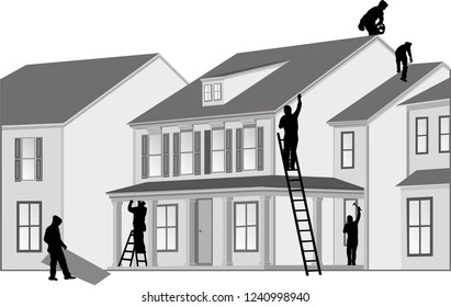 team of workers finishing the construction of a dwelling house