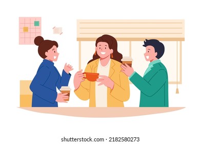 Equipo de trabajadores tomando café y hablando durante el descanso en el cargo. Ilustración vectorial plana.