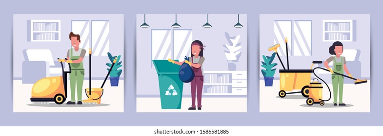 team of workers housekepping with equipment vector illustration design