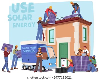 Equipo De Trabajadores Instalando Paneles Solares En Un Techo Residencial. Personajes De Hombres Y Mujeres Trabajando Juntos Para Promover Soluciones De Energía Limpia Y Renovable. Ilustración vectorial de Personas de dibujos animados