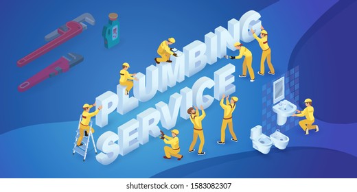 Team of Workers and isometric words Plumbing service. Erectors; installing letters. Plumber is installing washbasin. Concept of building or repair. Home renovation. Vector 3d illustration.