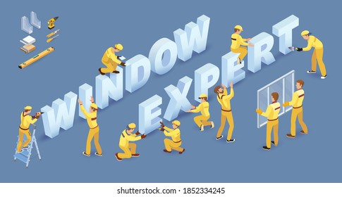 Team of Workers and isometric words Window expert. Vector 3d