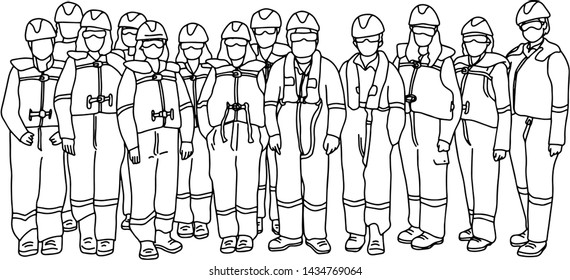 team of workers man and woman in protective suits vector illustration sketch doodle hand drawn with black lines isolated on white background