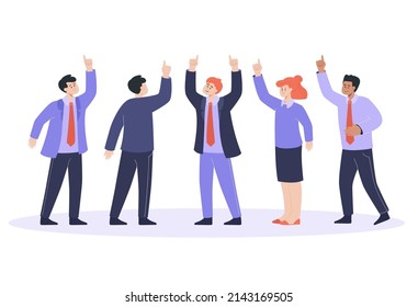 Team of workers pointing fingers upwards. Group of business partners raising hands up together, people in suits flat vector illustration. Teamwork concept for banner, website design or landing page