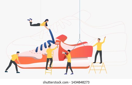 Team of workers producing sneakers. Designers working on new model. Fashion concept. Vector illustration can be used for topics like sport brand, footwear production, shoes factory