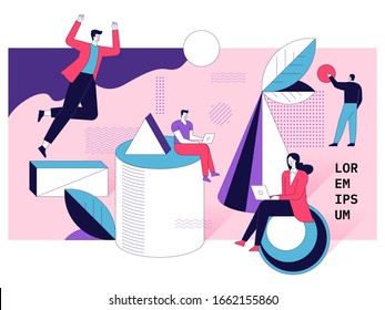 Team workers or programmers communication and collaboration. Vector flat concept of team building, business partnership, growth and success strategy. Trendy modern geometric shapes and memphis style