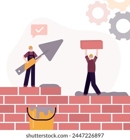 Equipo de obreros pone pared de ladrillos. Los canteros sostienen ladrillo y espátula, proceso de construcción de pared. Profesional empleado de construcción de casa moderna. Constructores de construcción en uniforme y cascos haciendo trabajo. Vector