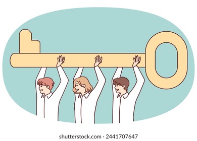 Los trabajadores del equipo levantan la llave enorme sobre sus cabezas, simbolizando la solución conjunta del problema. Hombres y mujeres amigables trabajan juntos para mejorar los procesos de negocio para lograr los objetivos de la empresa. Imagen vectorial plana