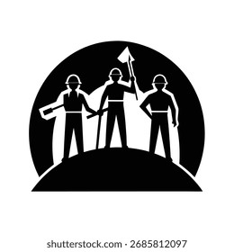 Team of workers at site silhouette vector art illustration