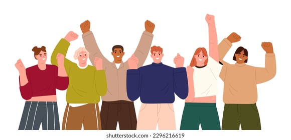 Team workers smiling and raising hands up. Flat vector illustration isolated on white background 
