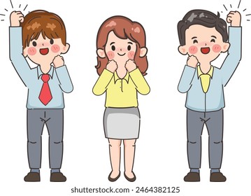 Team workers smiling and raising hands up. Hand drawn style vector design illustrations.