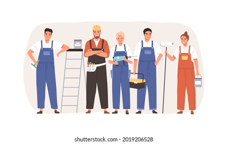 Team of workers with tools and equipment for home repair. Group of builders, repairman, masters and painters in overalls. Portrait of handymen. Flat vector illustration isolated on white background