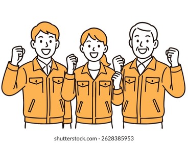 Team of Workers in Uniforms Making a Fist Pose
