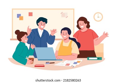 Team of workers working together on a laptop in office. Flat vector illustration.