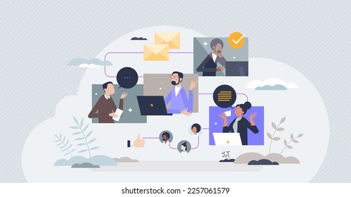 El flujo de trabajo de equipo y el concepto de persona minúscula del proceso común de colaboración de proyectos. Diagrama de cadena de flujo de trabajo con interacción de compañeros e ilustración de vector de relación. Trabajo profesional del grupo de socios.