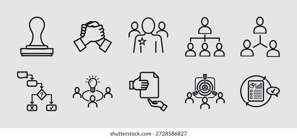 Equipo y flujo de trabajo del conjunto de iconos de gestión de proyectos, estilo de esquema simple 