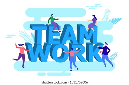 team working around word teamwork flat vector illustration