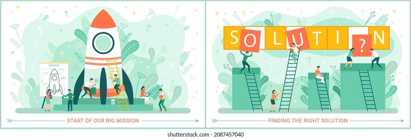 Team is working with big mission to find sollutions. Launching business project, business strategy. Characters planning rocket launch, prepare spaceship. People collect letters for word solution
