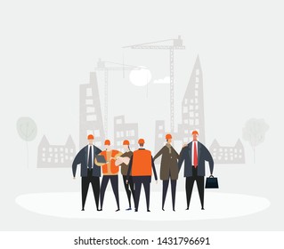 Team of working and business people looking over the building site. Build new homes concept illustration