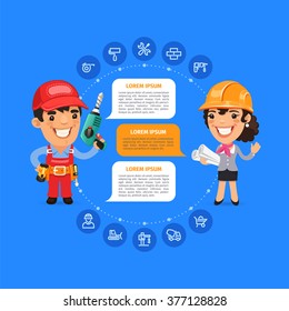 Team Working Cartoon Builders Infographic with Icons.