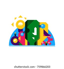 Team Working Concept, heads, idea bulb, gear, dialogue box, abstract geometrical colorful flat style vector illustration eps 10