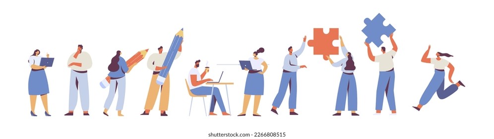 Team working, cooperation. People connecting huge puzzle elements. Partnership. Vector illustration in flat design style.