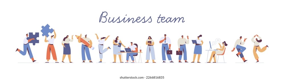 Trabajo en equipo, cooperación. Personas conectando enormes elementos del rompecabezas. Asociación. Ilustración vectorial de diseño plano.