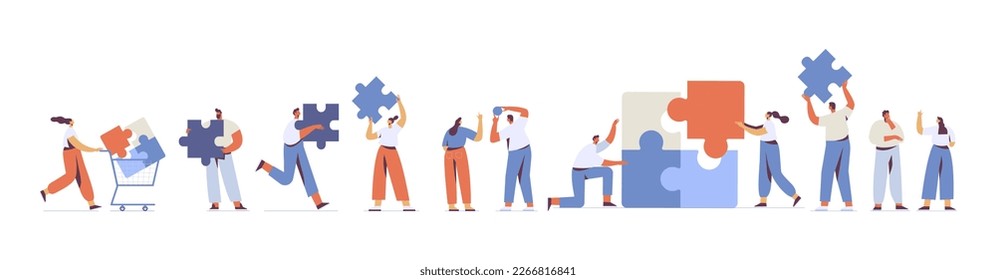 Team working, cooperation. People connecting huge puzzle elements. Partnership. Vector illustration in flat design style. - Shutterstock ID 2266816841