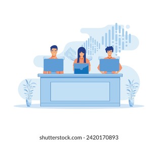  Team working. Coworkers meeting clients, having conferences, working on computers at desks, collaborating with partners. flat vector modern illustration 