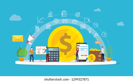 team working to growth money finance with gold coin dollar icon and business icons - vector illustration