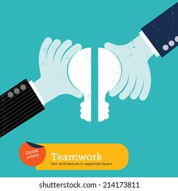 Team working hand with bulb. Vector illustration Eps10 file. Global colors. Text and Texture in separate layers.