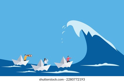 Team working hard together, Courage and leadership to win business success, teamwork to help survive crisis, challenge or risk taker illustration, survive big wave concept
