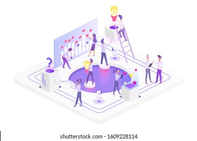 Team working isometric vector illustration. Building new company together. Corporate unity. Business management. Collaboration and partnership. Online startup cartoon conceptual design element