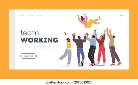 Team Working Landing Page Template. Happy People Toss Up Person Celebrating Success, Group of Positive Friends Celebrate Victory Achievement, Joyful Characters Teamwork. Cartoon Vector Illustration