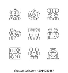 Team working linear icons set. Business cooperation. Collective communication. Coworkers interaction. Customizable thin line contour symbols. Isolated vector outline illustrations. Editable stroke