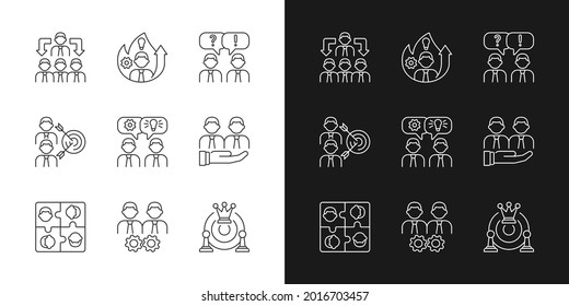 Team working linear icons set for dark and light mode. Business cooperation. Coworkers interaction and cohesion. Customizable thin line symbols. Isolated vector outline illustrations. Editable stroke