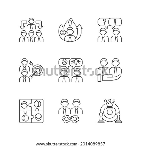 Team working linear icons set. Business cooperation. Collective communication. Coworkers interaction. Customizable thin line contour symbols. Isolated vector outline illustrations. Editable stroke