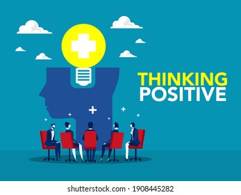 Team  Working Meeting Or Share Idea With Lightbulb On Human Head Positive Thinking Business Concept ,leadership, Cooperation, Partnership, Innovation, New Idea, Creativity Concept In Vector.