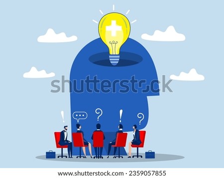 Team; working meeting or share idea with lightbulb on human head Positive thinking business concept; leadership; cooperation; partnership; Innovation; new idea; creativity concept in vector.