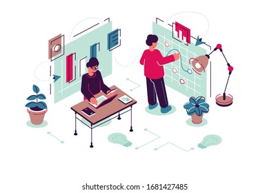 Team working in modern office vector illustration. Creating idea. Guys work on laptop and interactive whiteboard. Teamwork and teambuilding flat style design
