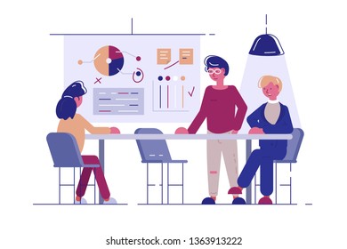 Team working at new project vector illustration. Women in meeting room discussing new startup flat style concept. Office interior. Projector with graphs charts and diagrams on background