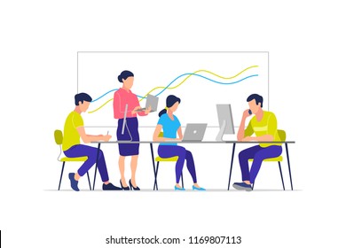 Team working in the office at the computers for online internet business or start up - men and women sitting at the desktop. Vector illustration.