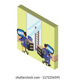 Team working in the office isometric left top view 3D icon