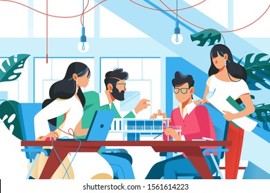 Team working in office vector illustration. Young men and women sitting at table and creating new project flat style design. Architects designing new buildings. Teamwork concept