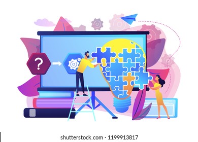 Team working on analyzing the factors or causes contributing to the unwanted situation. Problem solving, find solutions, problem-solving techniques. Bright vibrant violet vector isolated illustration