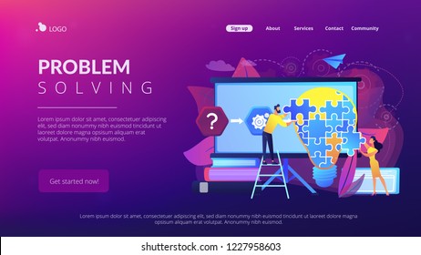 Team, das an der Analyse der Faktoren oder Ursachen, die zu der unerwünschten Situation beitragen. Problemlösung, Lösungsfindung, Problemlösungstechniken. Website lebendige violette Landing-Website-Vorlage.
