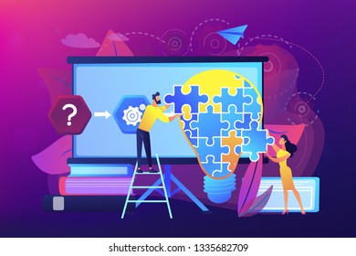 Team working on analyzing the factors or causes contributing to the unwanted situation. Problem solving, find solutions, problem-solving techniques. Bright vibrant violet vector isolated illustration