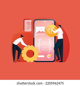 Team working on App Development Landing Page illustration, Mobile Testing, Application Interface on Smart Phone