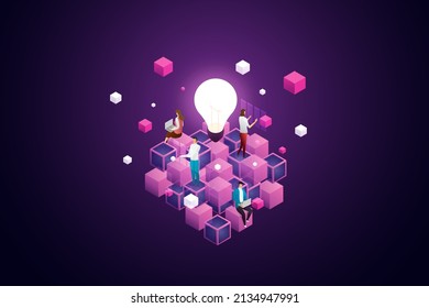 Team working on blockchain technology. Connecting a large cube
Future Technology Concept Blockchain Cryptocurrency. isometric vector illustration. - Shutterstock ID 2134947991